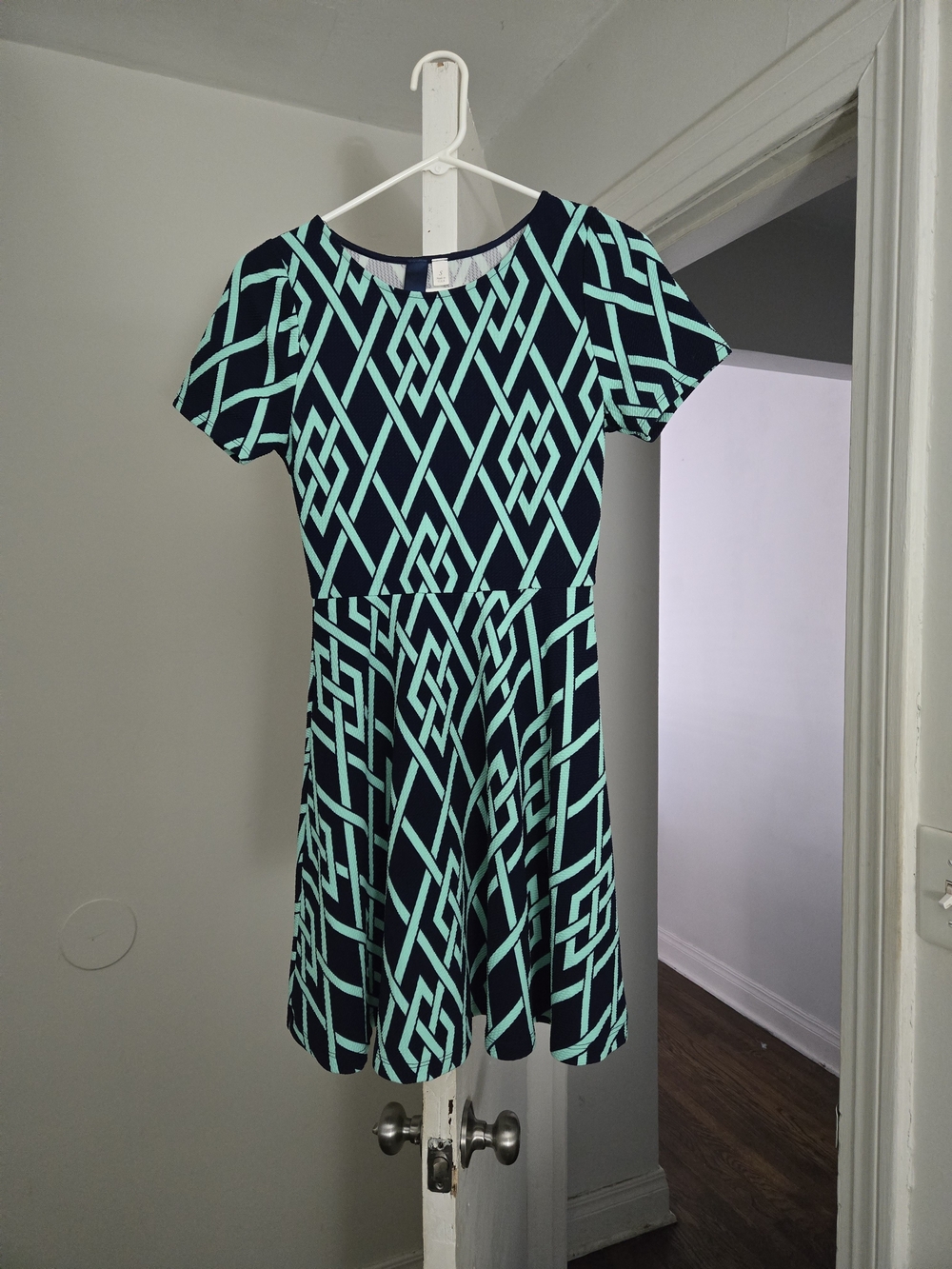 Blue Rain Navy Dress with Mint Geometric Print
